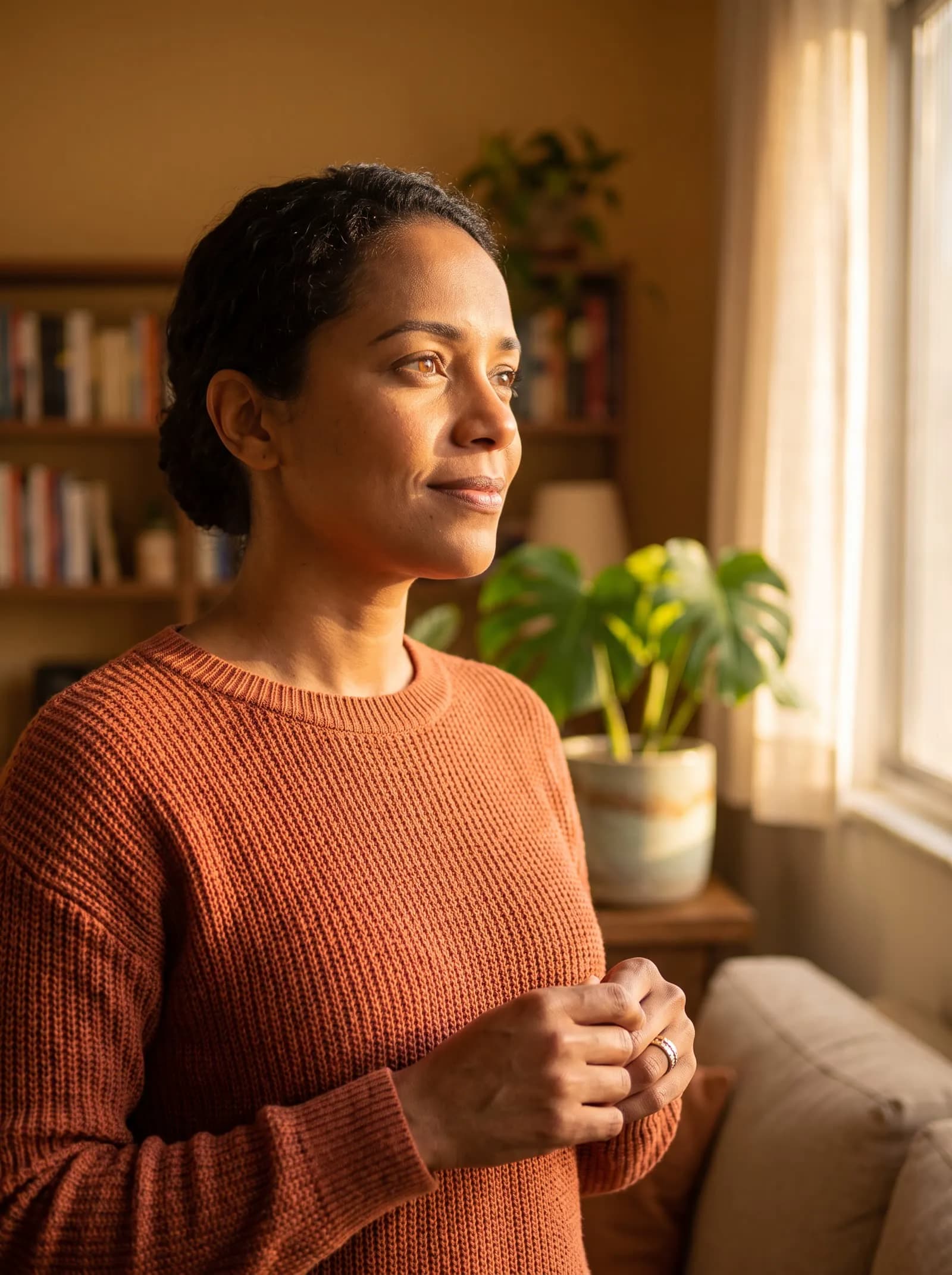 Mulher brasileira de meia idade, em suéter terracota, olhando pela janela de casa na luz dourada do fim de tarde com expressão pensativa e esperançosa.