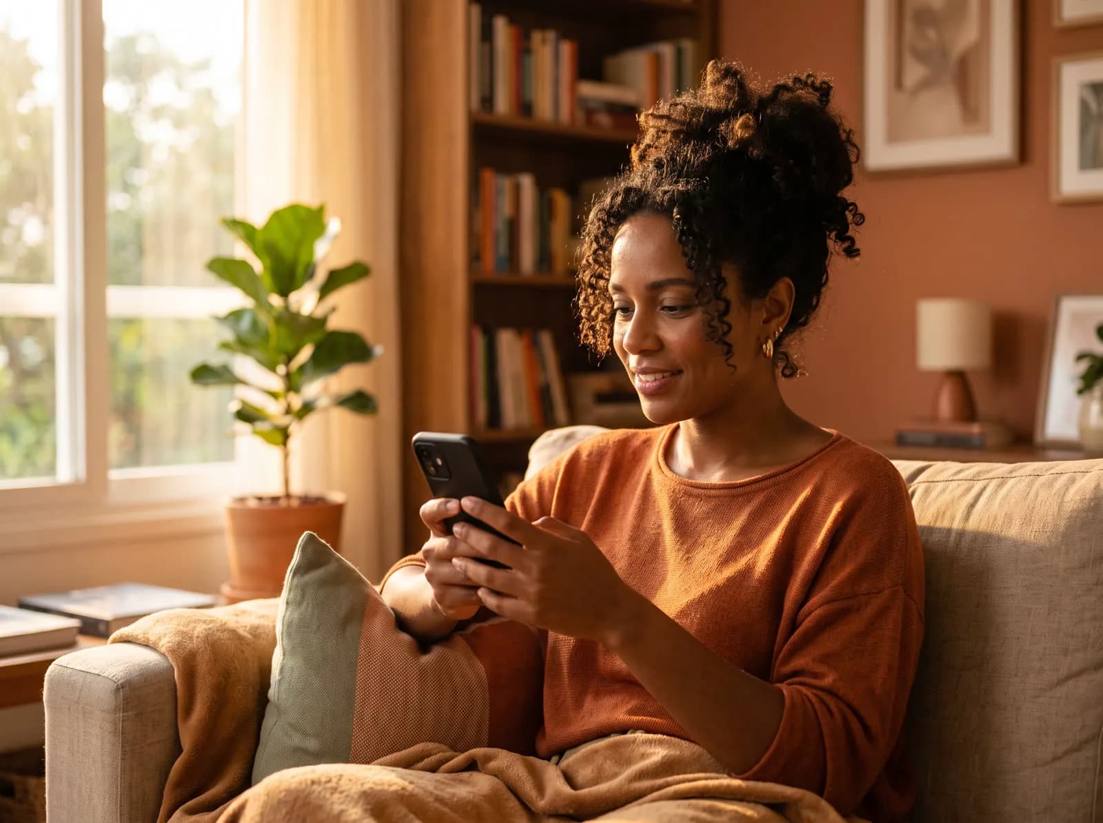 Mulher brasileira de cabelo cacheado, no sofá de casa banhada pela luz dourada do fim de tarde, respondendo as perguntas de onboarding no celular.
