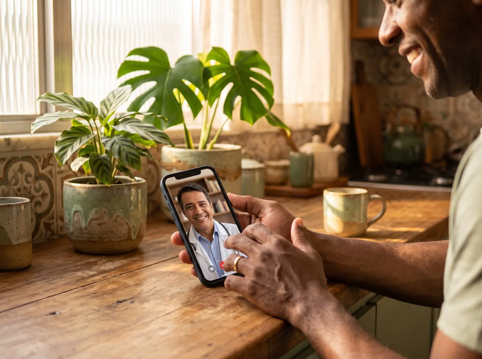 Homem sorrindo na cozinha de casa durante a teleconsulta por vídeo com o médico parceiro, exibido na tela do celular.